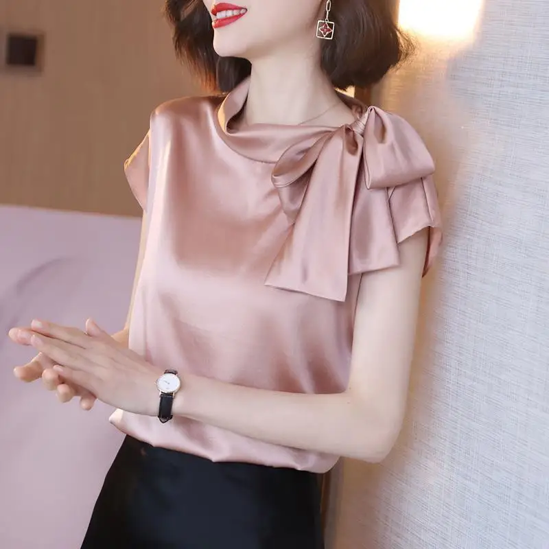 Temperament Bow Patchwork Blouse Summer New Solid Color Thin Loose Short Sleeve Elegant Shirt Tops Fashion Trend Women Clothing