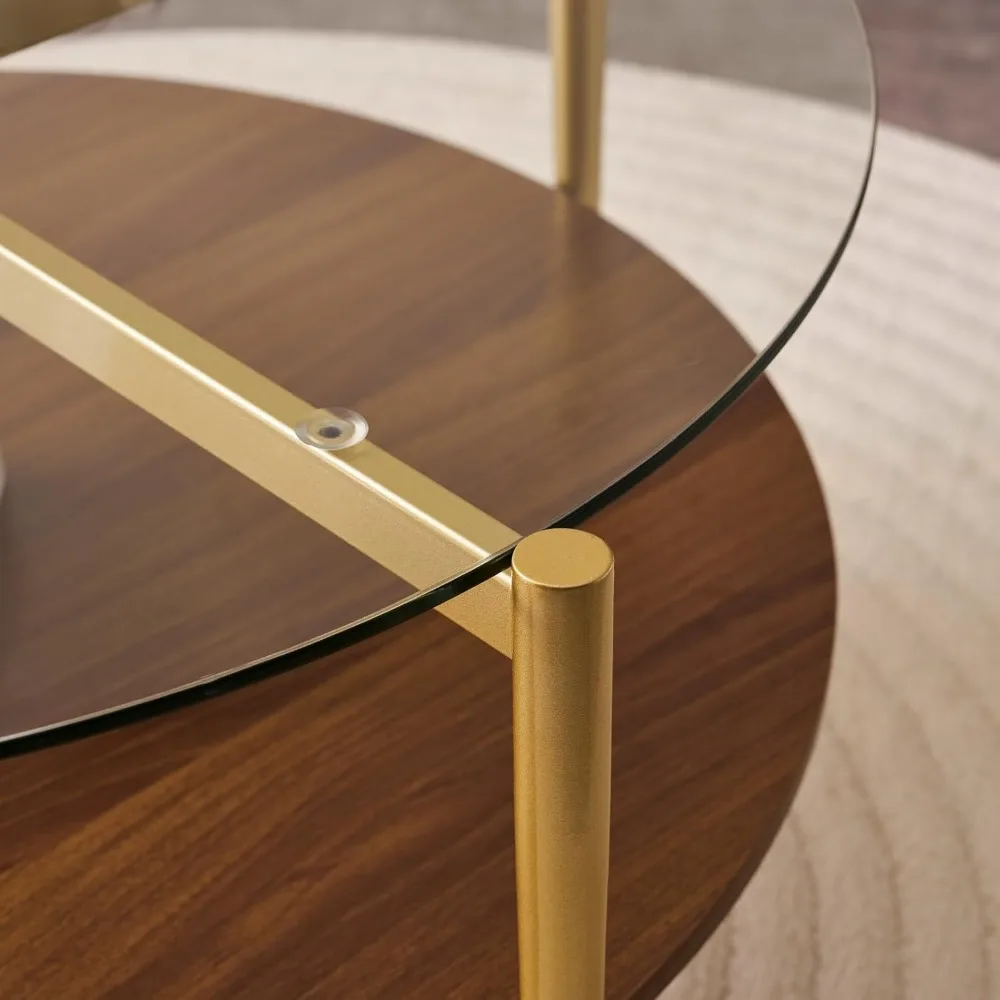 طاولة قهوة مستديرة حديثة من منتصف القرن، 30 قطرًا × 17 ارتفاعًا، أثاث غرفة المعيشة، تصميم على مستوىين، زجاج شفاف مع #6