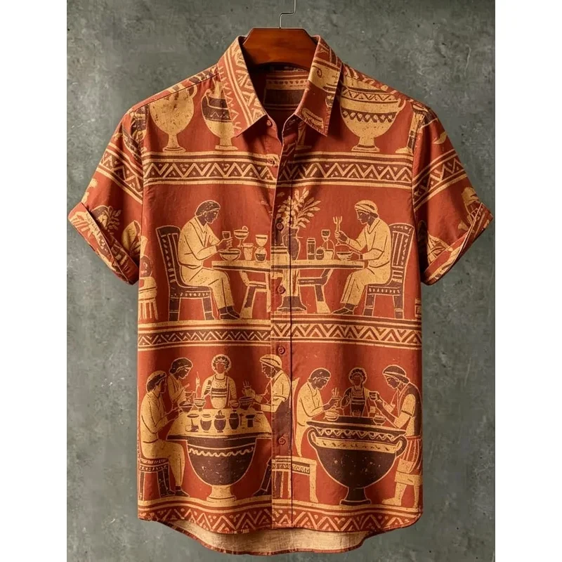 Men's Classical Civilization Printed Short Sleeved shirt, Suitable For Attending Classical Banquets And Daily Casual Gatherings