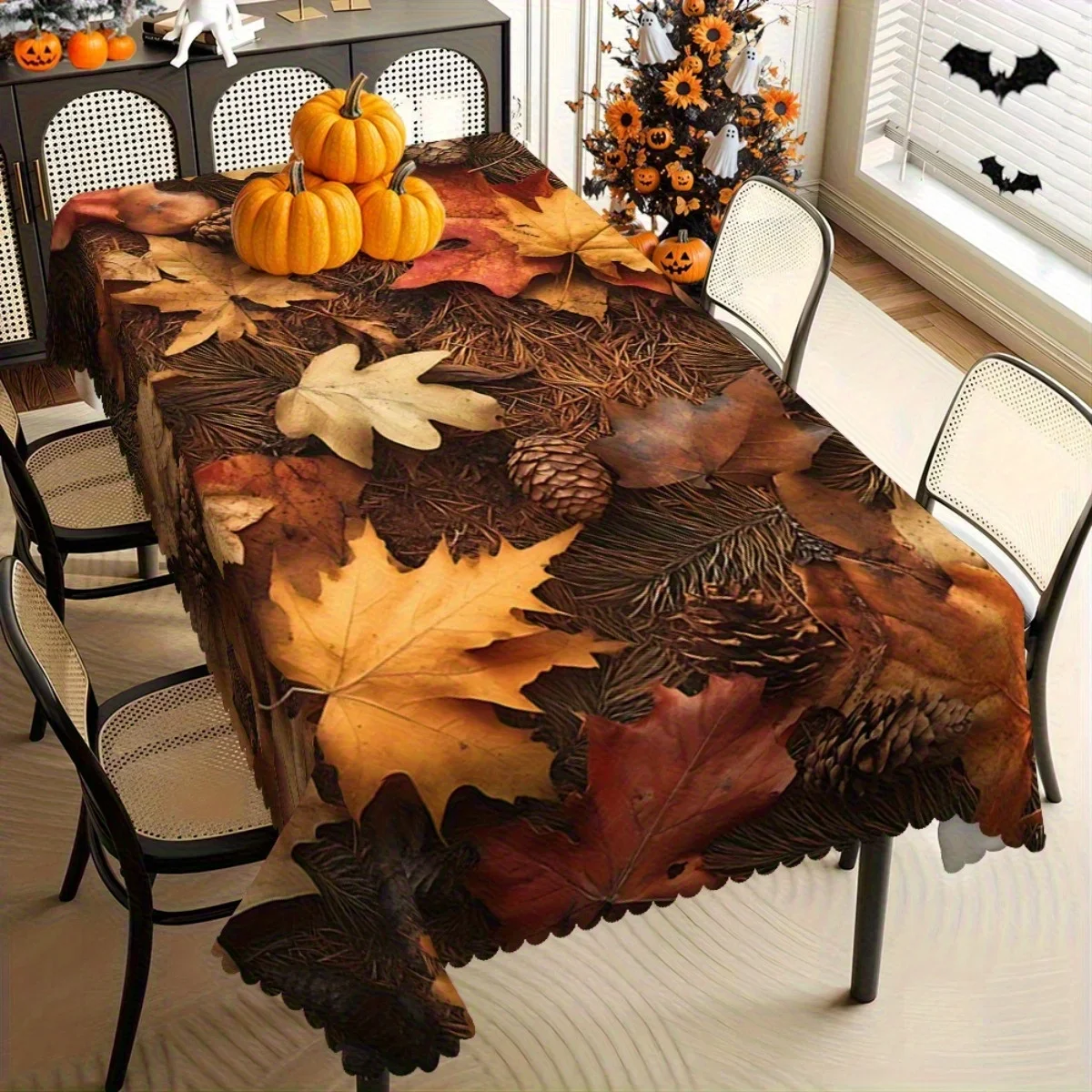 Autumn Fall Leaves Tablecloth Waterproof Runner for Dining Room Decor Thanksgiving Harvest Seasonal Table Cover