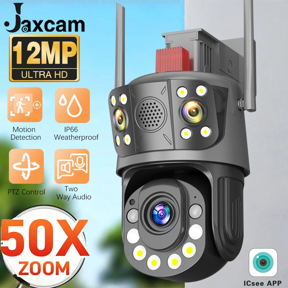 

12MP WiFi IP Camera 50X Zoom Three Lens Outdoor PTZ Security Camera Human Detection Smart Security Protection CCTV Video Camera