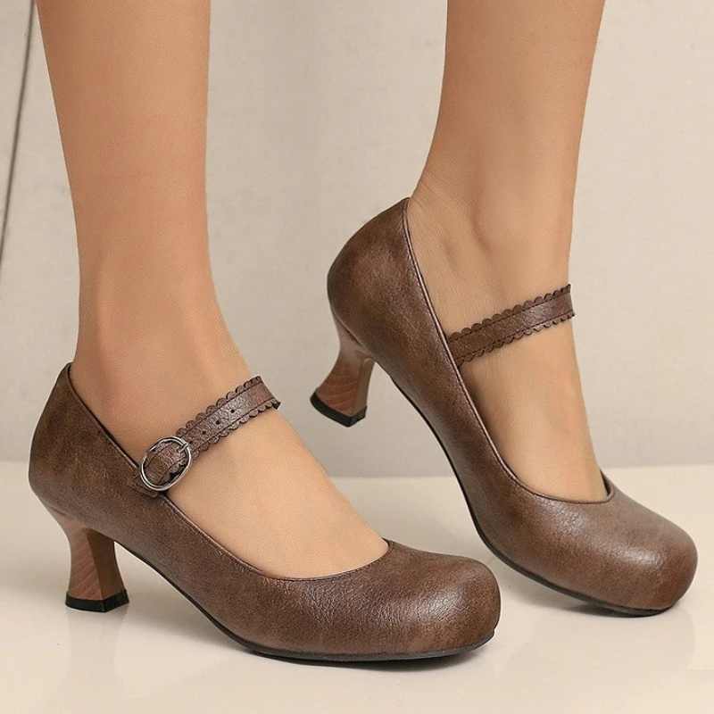 

Women Retro Mary Jane Pumps Round Toe Kitten Heel Buckle Strap Soft PU Leather Daily Wear Formal Party Shoes Plus Size