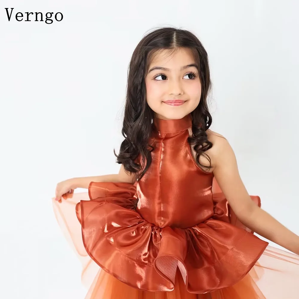 Verngo Shiny Satin Princess Girl Flower Dress A Line Halter Bow Birthday Party Dress Celebrity Kid Dress Eid Customized