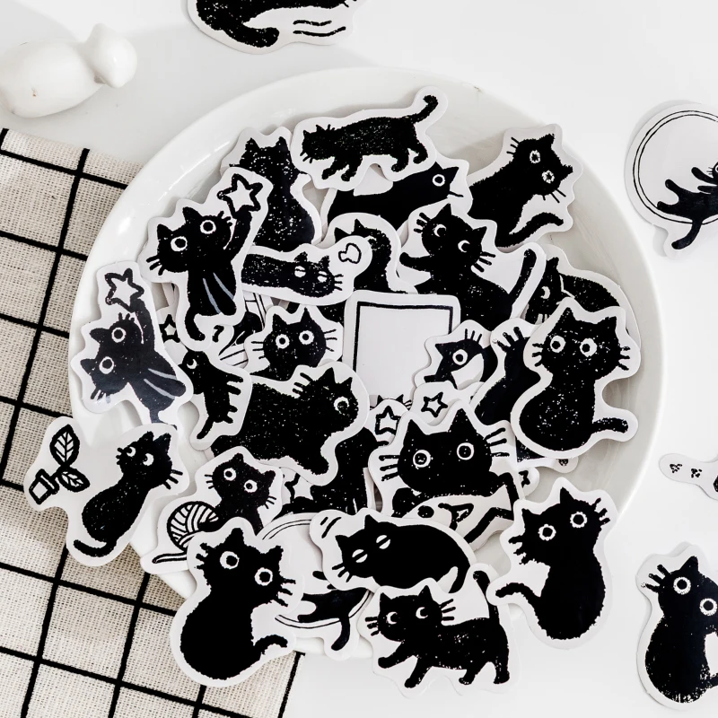 45 Pcs Black Cat Series Stickers Decoration Kawaii Cute Cats Stickers Self-adhesive Scrapbooking Stickers For Laptop Planners