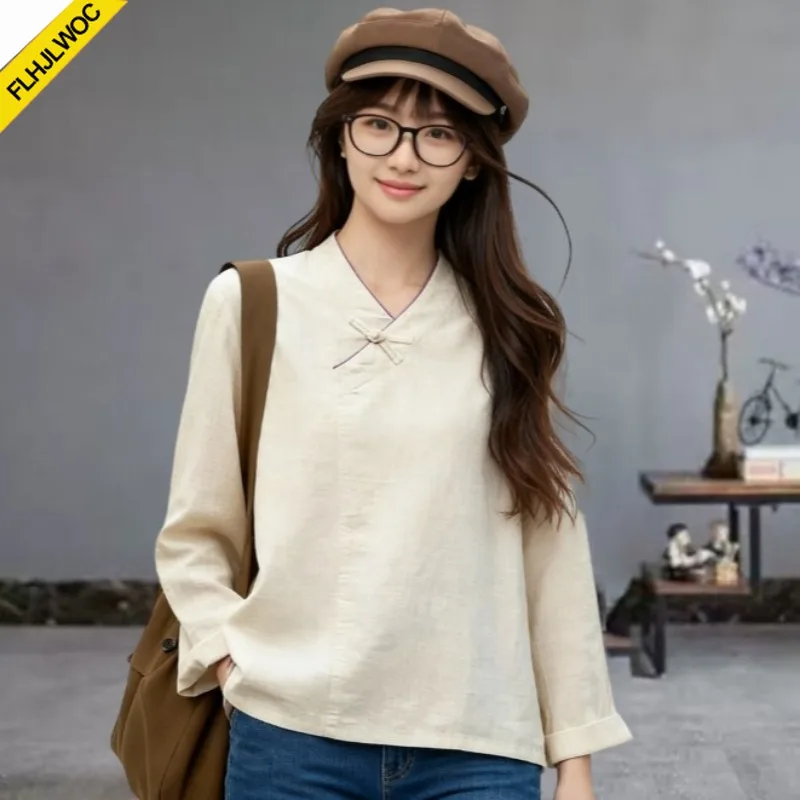 

Хлопково-льняная блузка в китайском стиле с воротником-ципао, весна 2026, для женщин и девушек, элегантная ретро-блузка в красно-белых тонах, винтажная