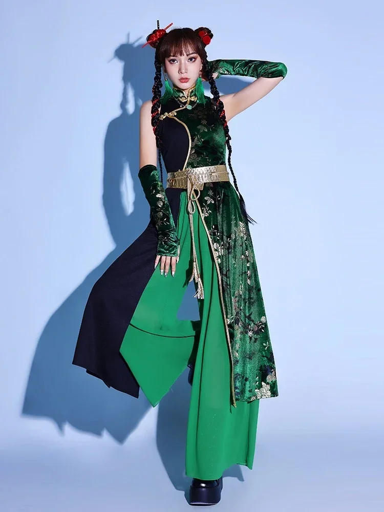

Chinese Style Jazz Dance Performance Costumes For Women Green Loose Outfits Female Clothing Hip Hop Dance Stage Wear