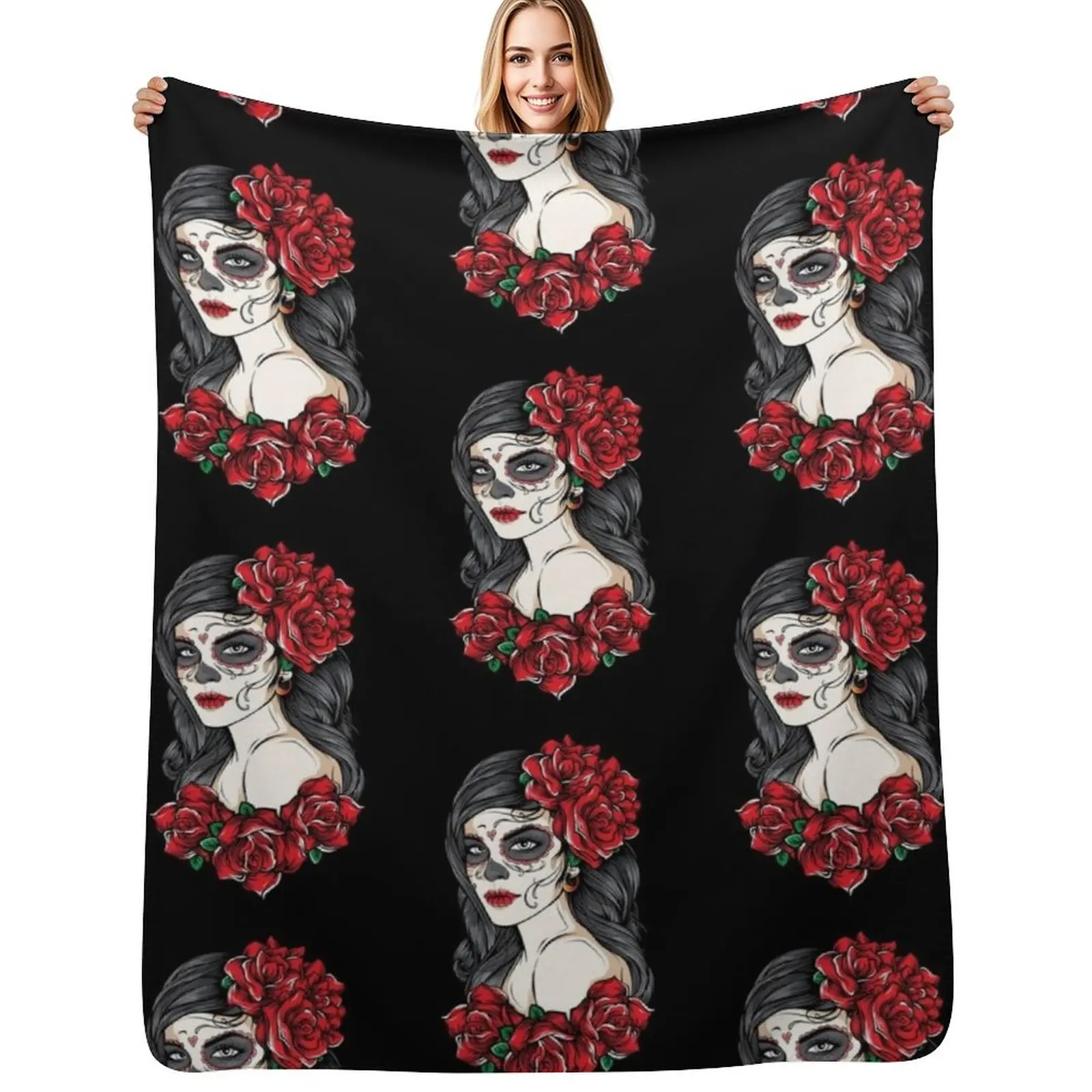

sugar skull doll Santa Muerte day of the dead Throw Blanket Softest Baby Stuffeds Cute Plaid Blankets