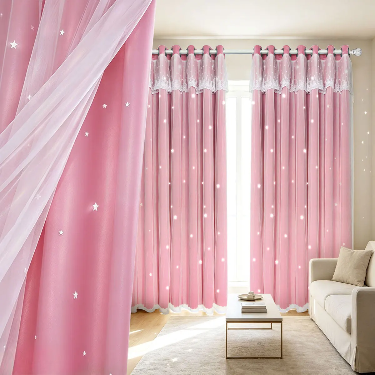 2Pcs Pink Double Layer Star Hollow Grommet Curtains, Lace Sheer Drape, Girls Floor Window Curtain For Bedroom