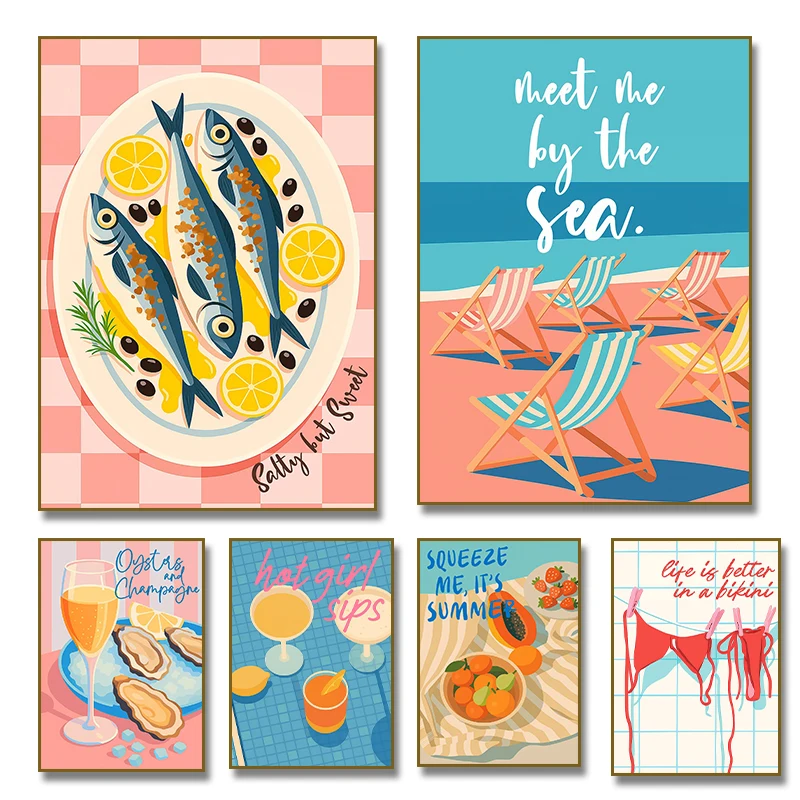 1Pc Frameless Meet Me At The Beach Posters Summer Sea Bikini Sardines Oysters Champagne Diamond Painting Trendy Wall Art Room