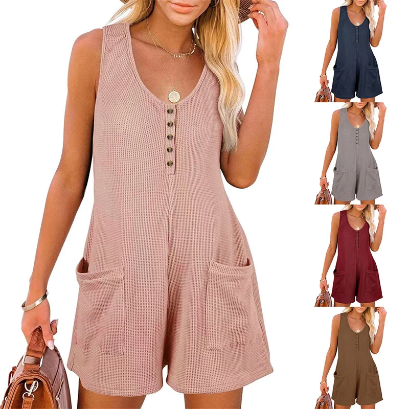 

Casual Ladies Europe And America Daily Loose Jumpsuit Summer Solid Color Fashion Sleeveless Pocket Jumpsuit Shorts