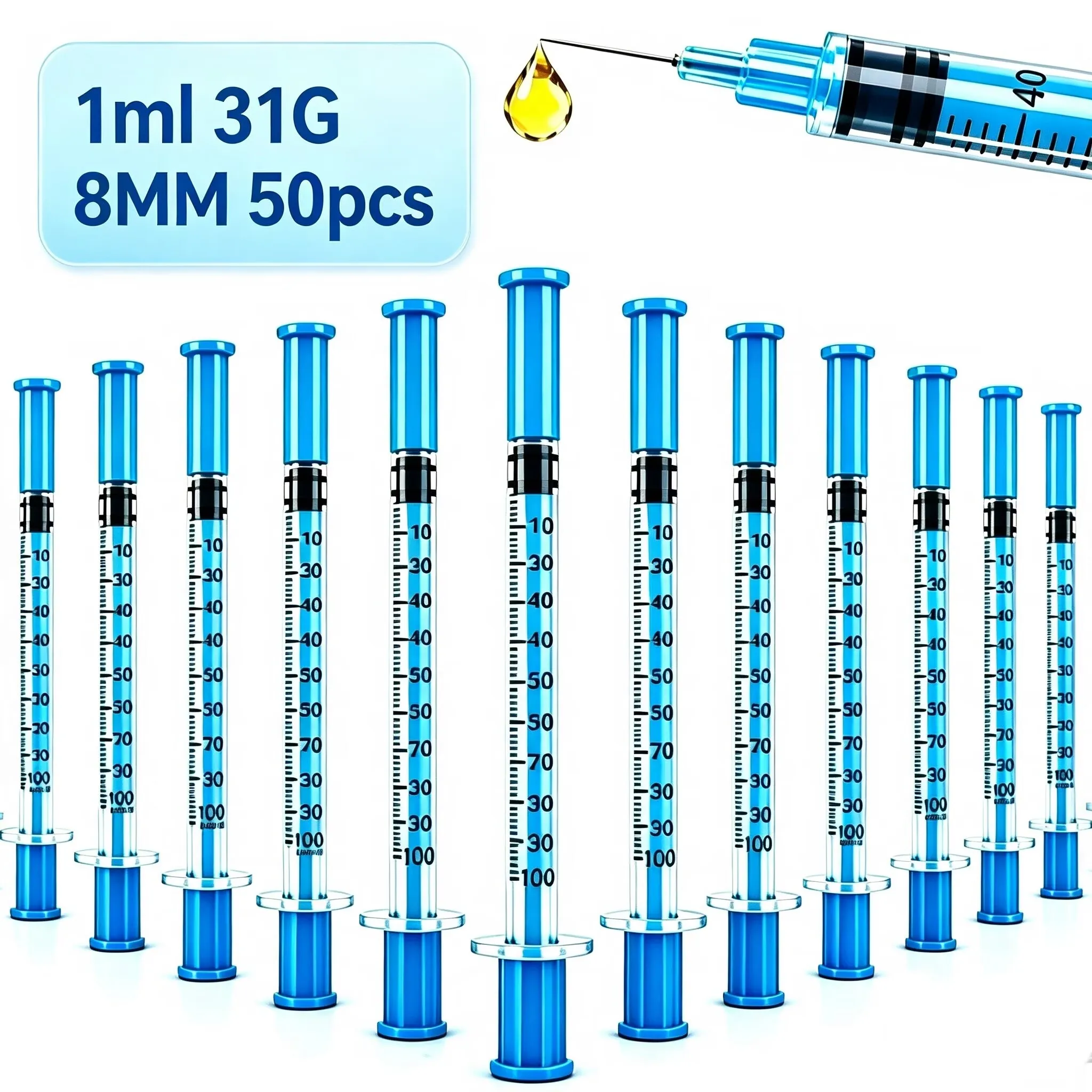 1Ml/31G Blue Laboratory Syringe, 8mm Specification, Individually Packaged for Veterinary and Laboratory Liquid Dispensing