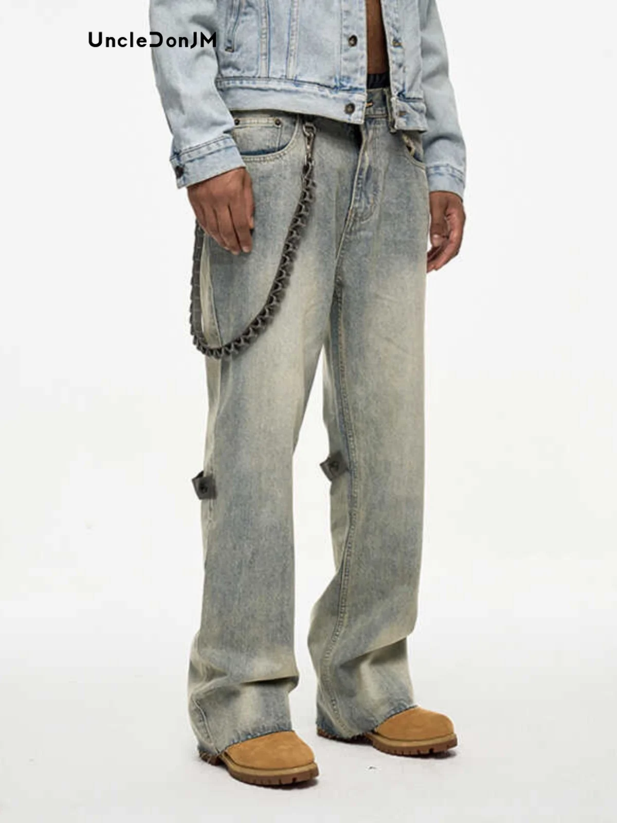 Removable Leather Chain Strap Yellow Washed Old Casual Burr Trouser Chain Jeans Y2k Men’s Jeans