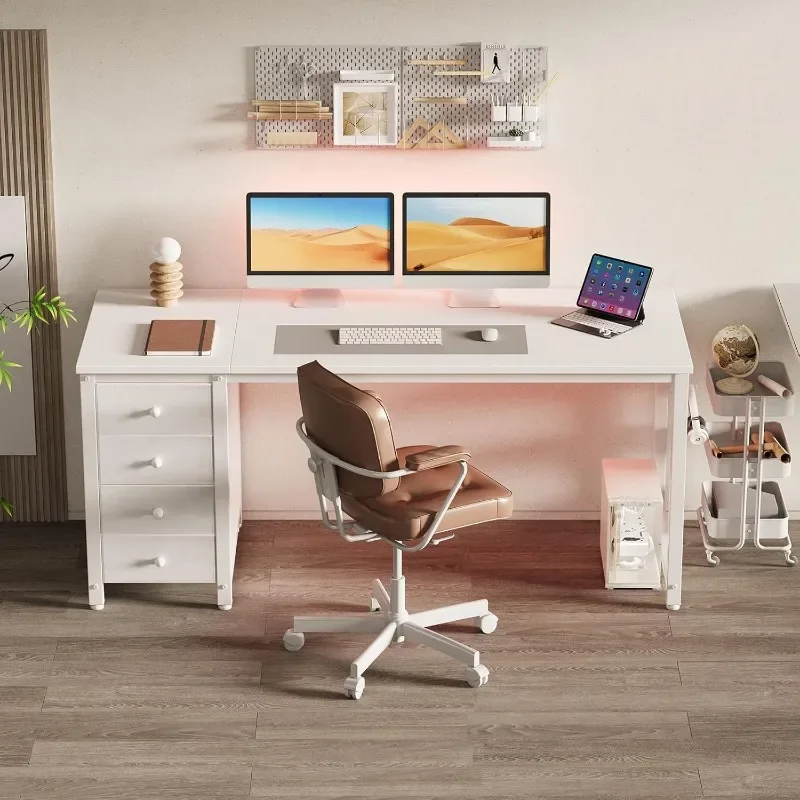 White Computer Desk with Drawers - 55 Inch Long Study Work Writing for Home Office Bedroom, Simple Modern Cute PC Desks