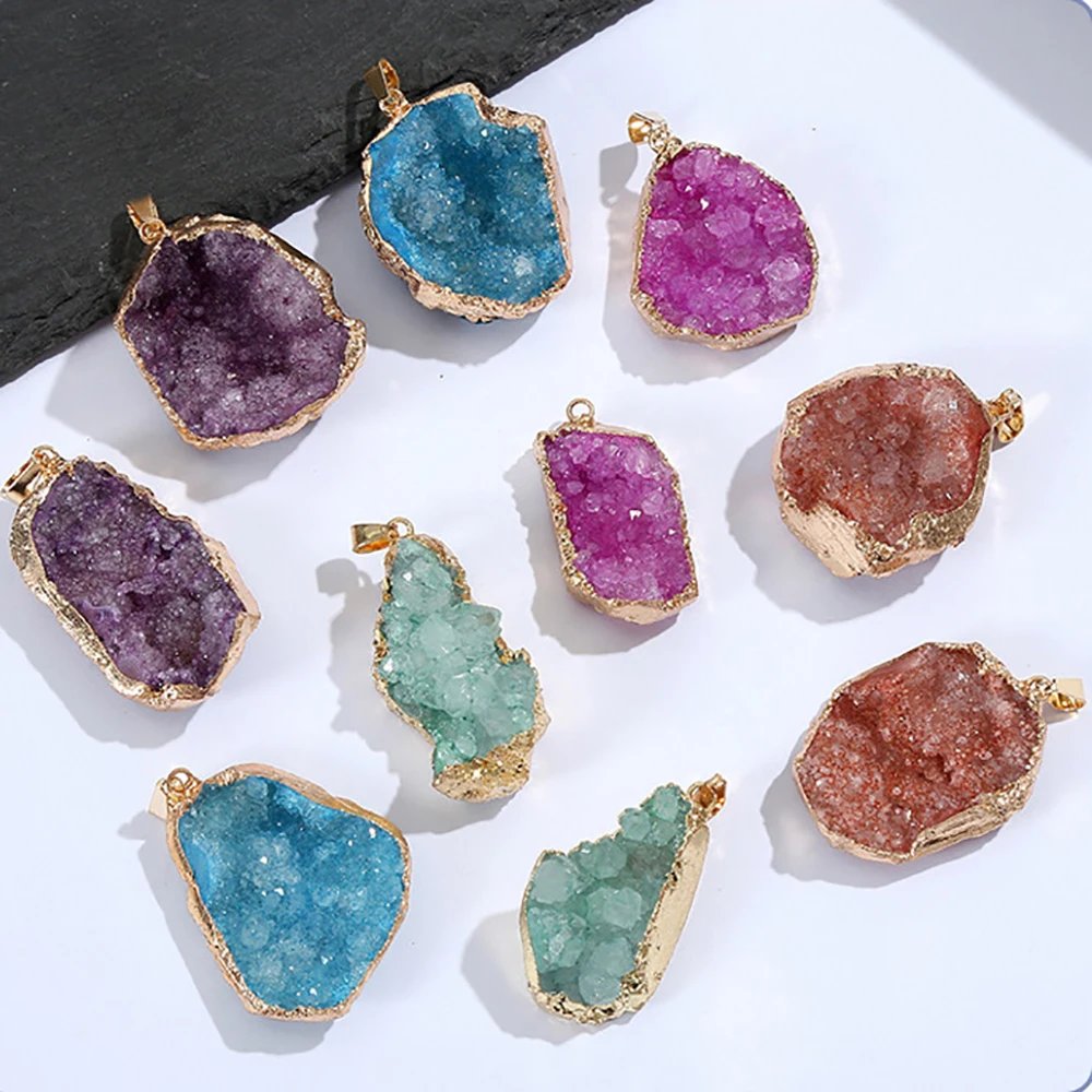 Natural Crystal Agate Geode Pendant Gemstone Dyeing Colorful Cluster Golden Edge Irregular Stones Charms DIY Jewelry Making Gift