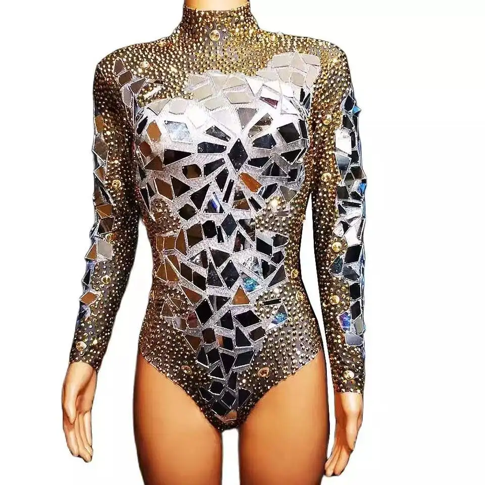 Gold Rhinestones Mirrors Shining Bodysuit Singer Stage dance costume Women Birthday Celebrity Prom Party sparkly Outfit