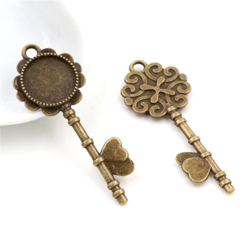10pcs 14mm Inner Size Antique Bronze And Silver Plated Key Style Cabochon Base Cameo Setting Charms Pendant