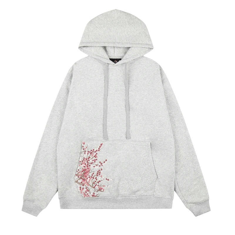 Plum Flower Embroidery American Streetwear Hoodie for Men Oversized Pullover Sweatshirt Loose Fit Urban Wear Casual Hooded Tops