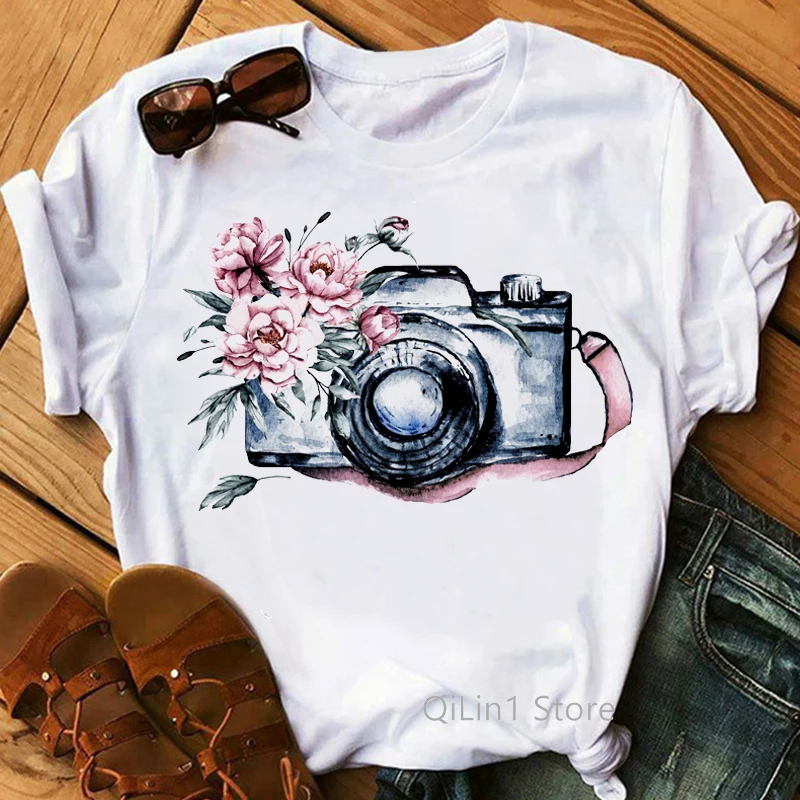 Vintage Camera With Flowers Print T Shirt Women Lovely Tee Shirt Femme Summer Top Female Casual T Shirt Girls Clothes Camisetas