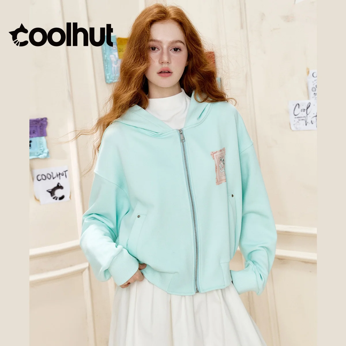 Coolhut 2025 feminino vintage estilo americano com capuz impresso cardigan jaqueta solta ajuste frente aberta design exclusivo nicho outono outerwear