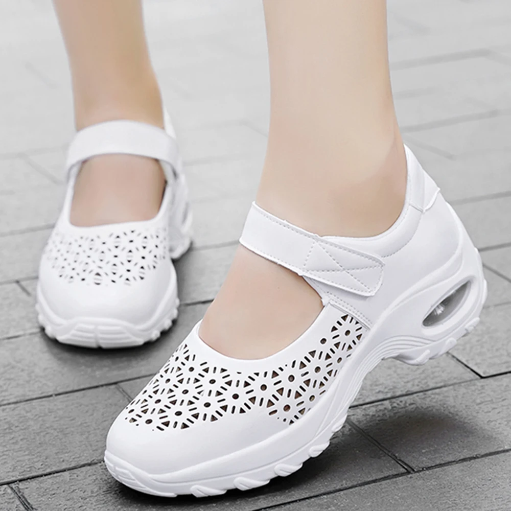 Women Walking Shoes Slip on Mary Jane Sneakers Air-cushion Lightweight Running Shoes Platform Outdoor Casual Sport Shoes Hollow