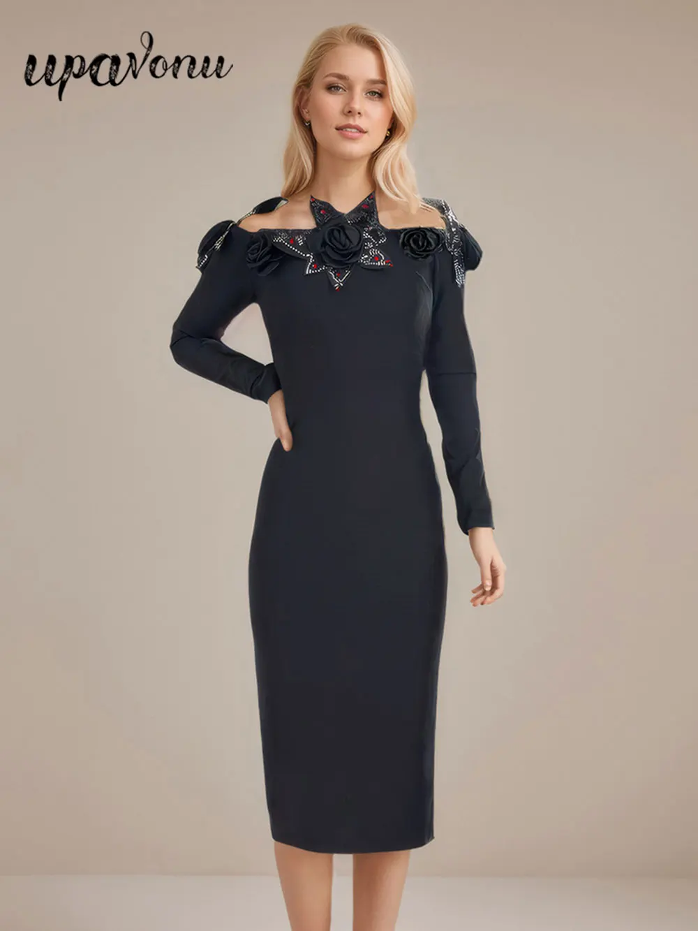 

2024 Sexy Women's Water Diamond Flower Decorative Bandage Dress with One Collar Long Sleeve Bodycon Bareback Midi Dress Vestidos