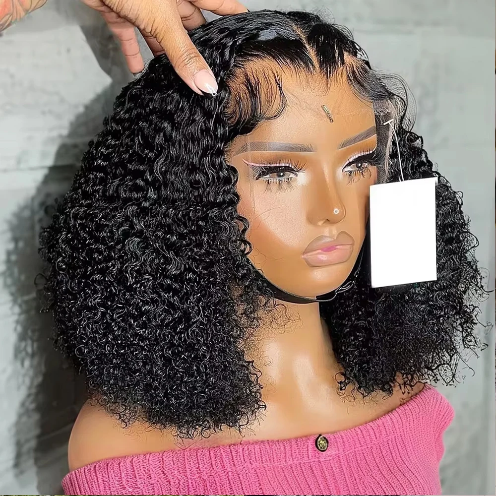 ブラジル産250密度グルーレス人毛ウォーターカーリーショートボブ人毛ウィッグディープウェーブHD 13x4 13x6透明レースフロントウィッグ