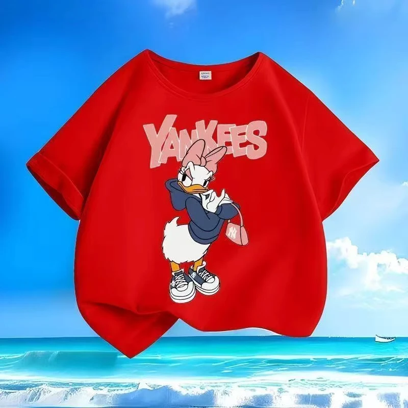 ديزني ديزي مطبوعة قصيرة الأكمام تي شيرت الأطفال الكرتون س الرقبة لينة تنفس أعلى الصيف طفل الفتيات الملابس الصلبة طفل صبي #1