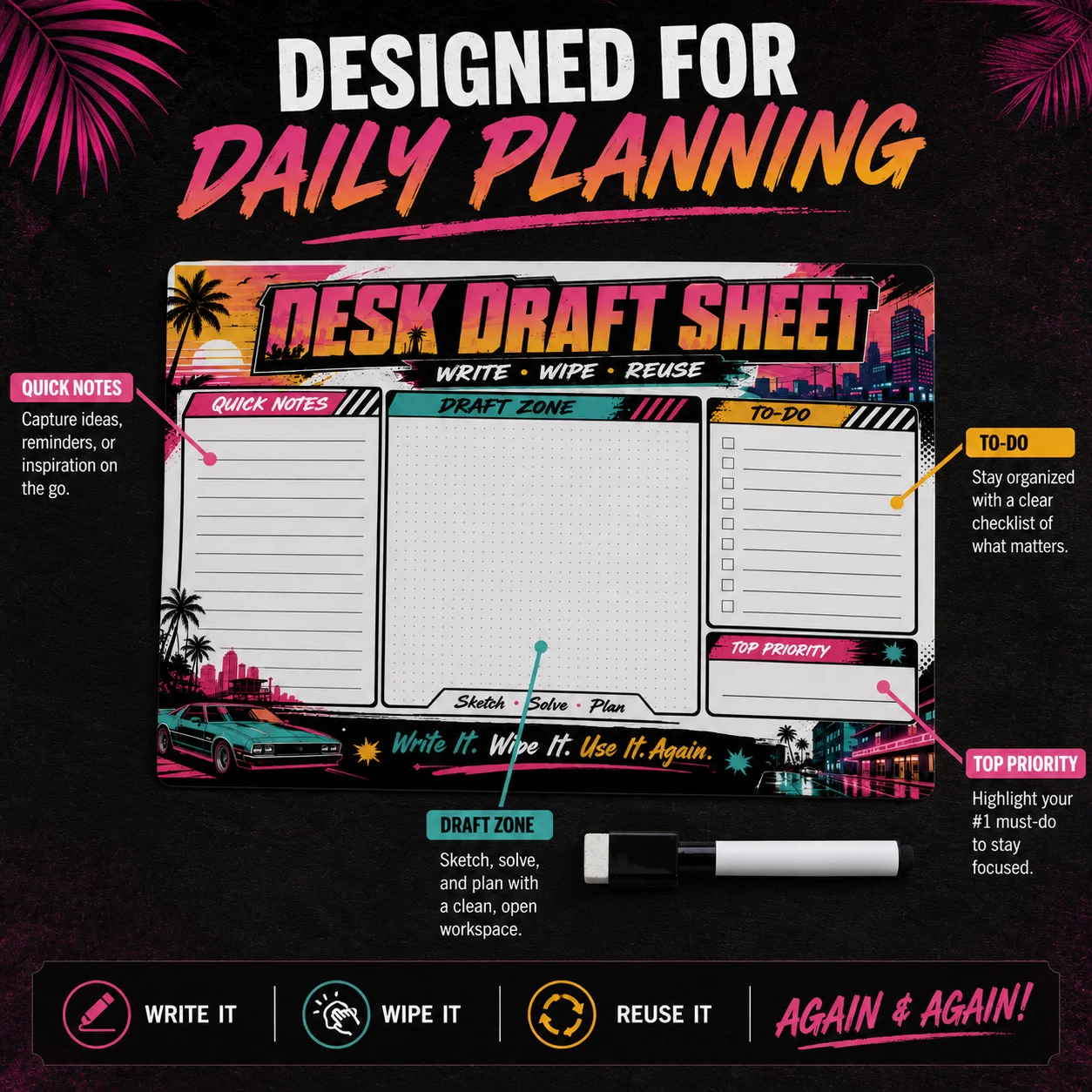 Retro Neon Reusable Dry Erase - Whiteboard Marker Set review and price