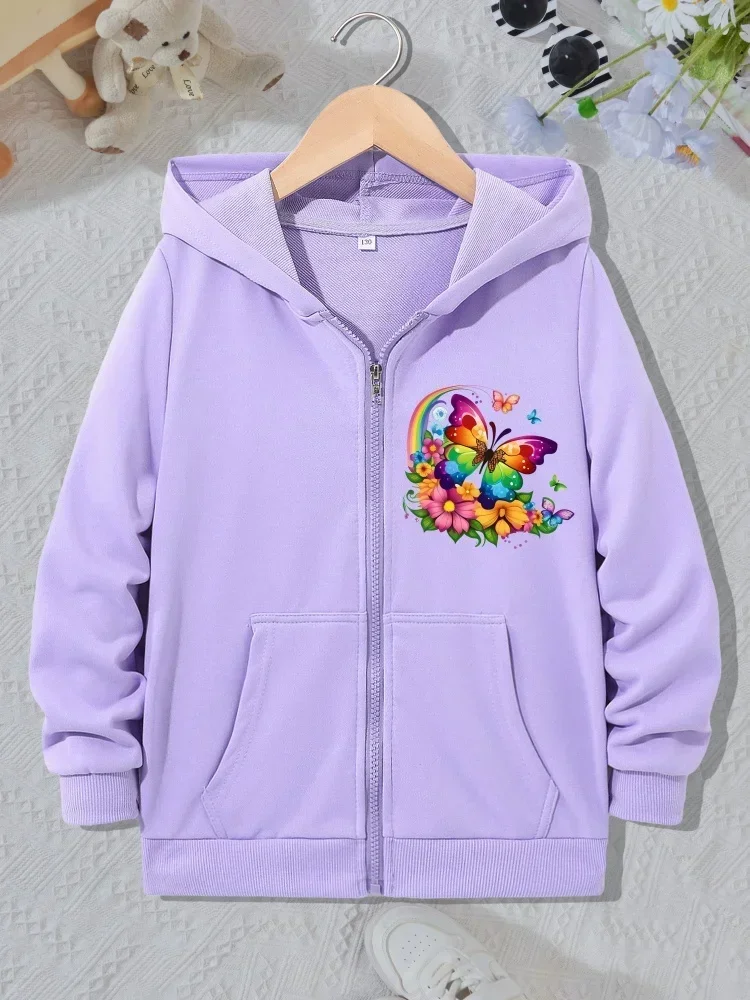 Girls Purple Zip Up Hooded Jacket Beautiful Rainbow Butterfly Flower Chest Graphic Long Sleeve Loose Soft Daily Wear Sweatshirt