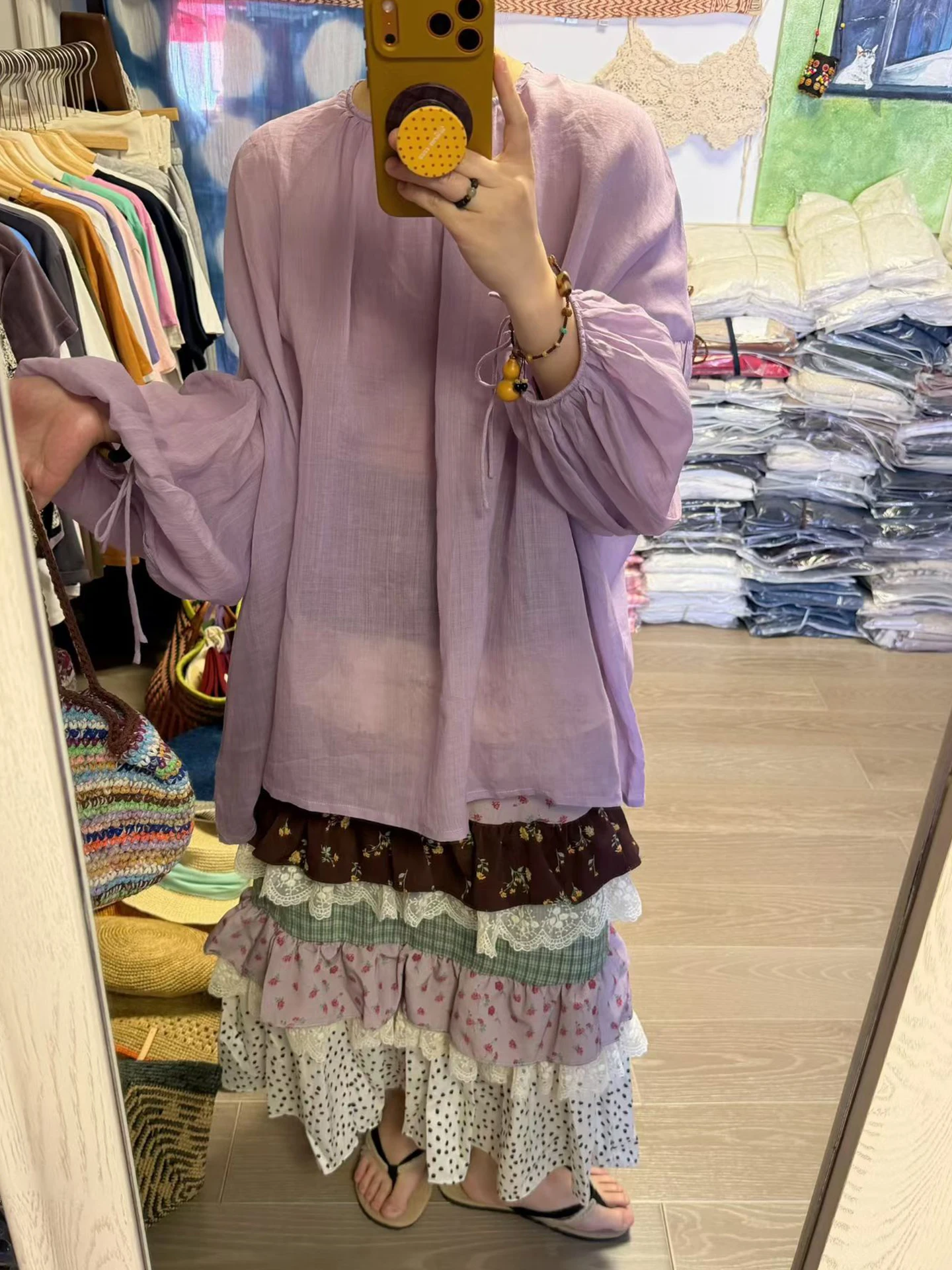 

Retro Style Purple Hemp Lantern Sleeve Top And Cake Skirt plus Size Women's Spring Summer Fashion plus Size Inner Wear