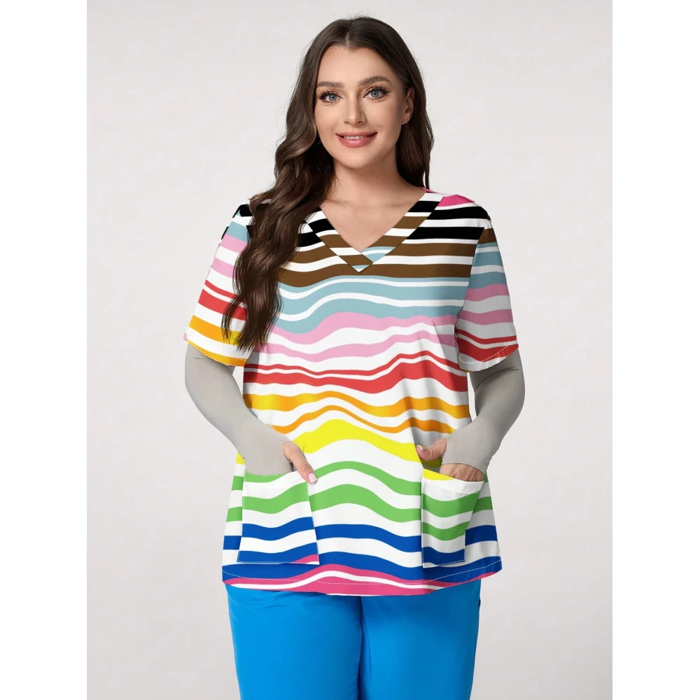 ハートプリント V ネックストレッチ医療制服女性のためのカジュアル半袖パッチポケットトップススクラブ医療制服女性