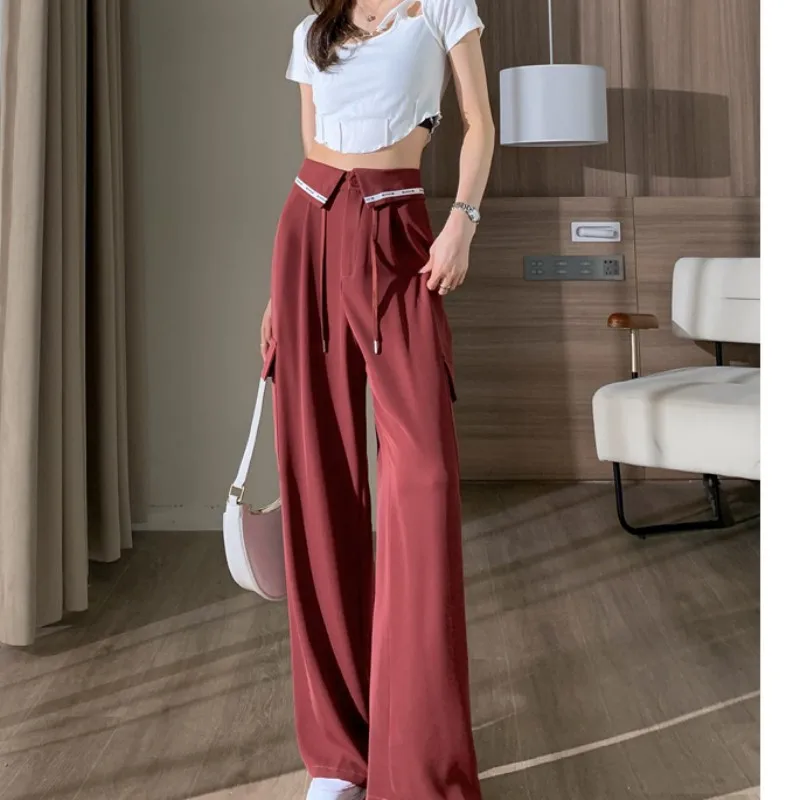 

American Bottoms Grey Vintage Suit Pants Fashion High Waist Straight Wide Leg Pants Street Casual Mopping Trouser Ladies Summer