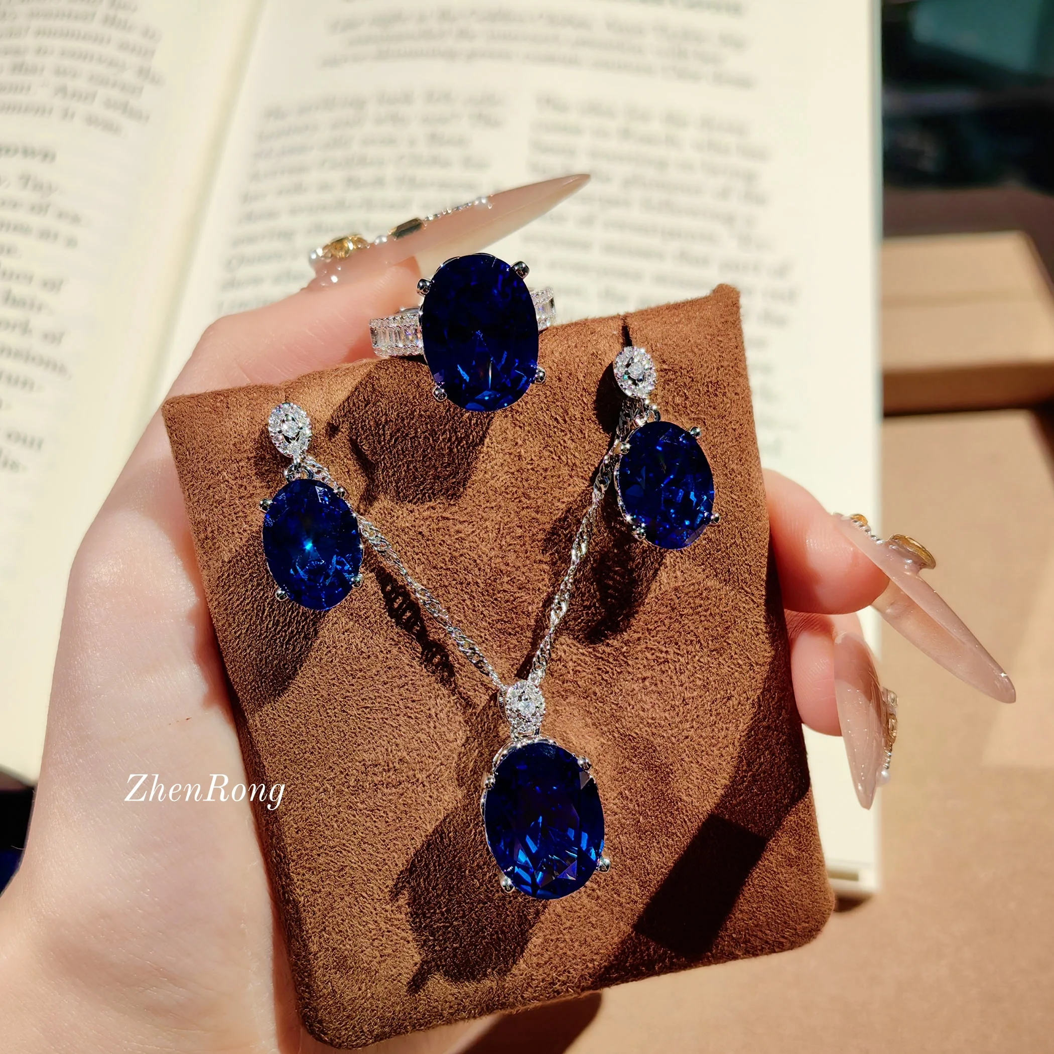 Premium Heavy Industry Blue and Pink Zircon Jewelry Set, Luxurious Full Zircon Colorful Earrings