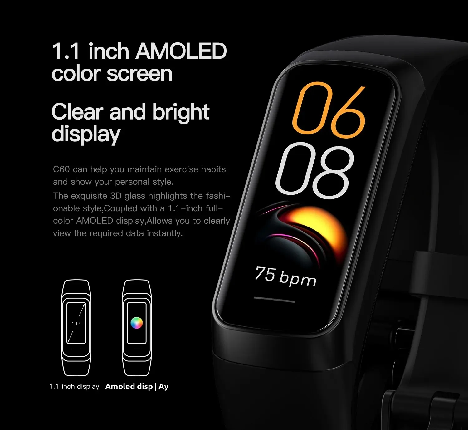 Slim Smart Watch Men Women Smart Bracelet Wristband 1.1 Inch Amoled Heart Rate Waterproof Body Temperature Fitness Tracker Band