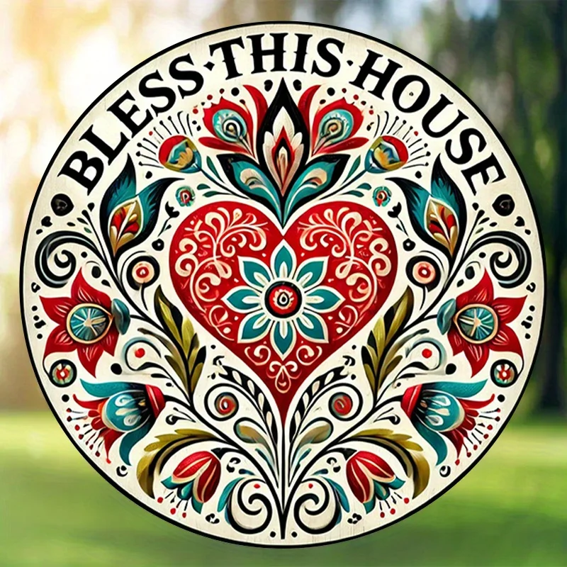 One, bless this house, retro classic 8-inch round metal sign, red heart shape, suitable for home and wall decor art - ideal for