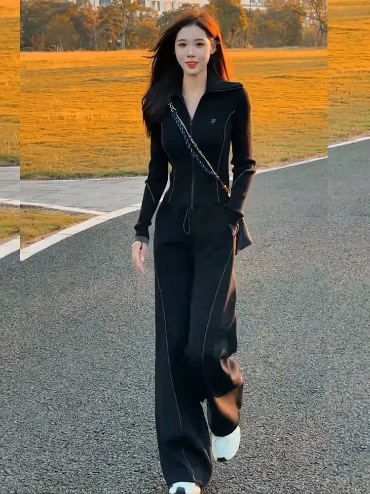 

Spring Morning Run Casual Sports Women's High-end Slim Fit Black Open Cardigan Top Wide Leg Pants Two-piece Set