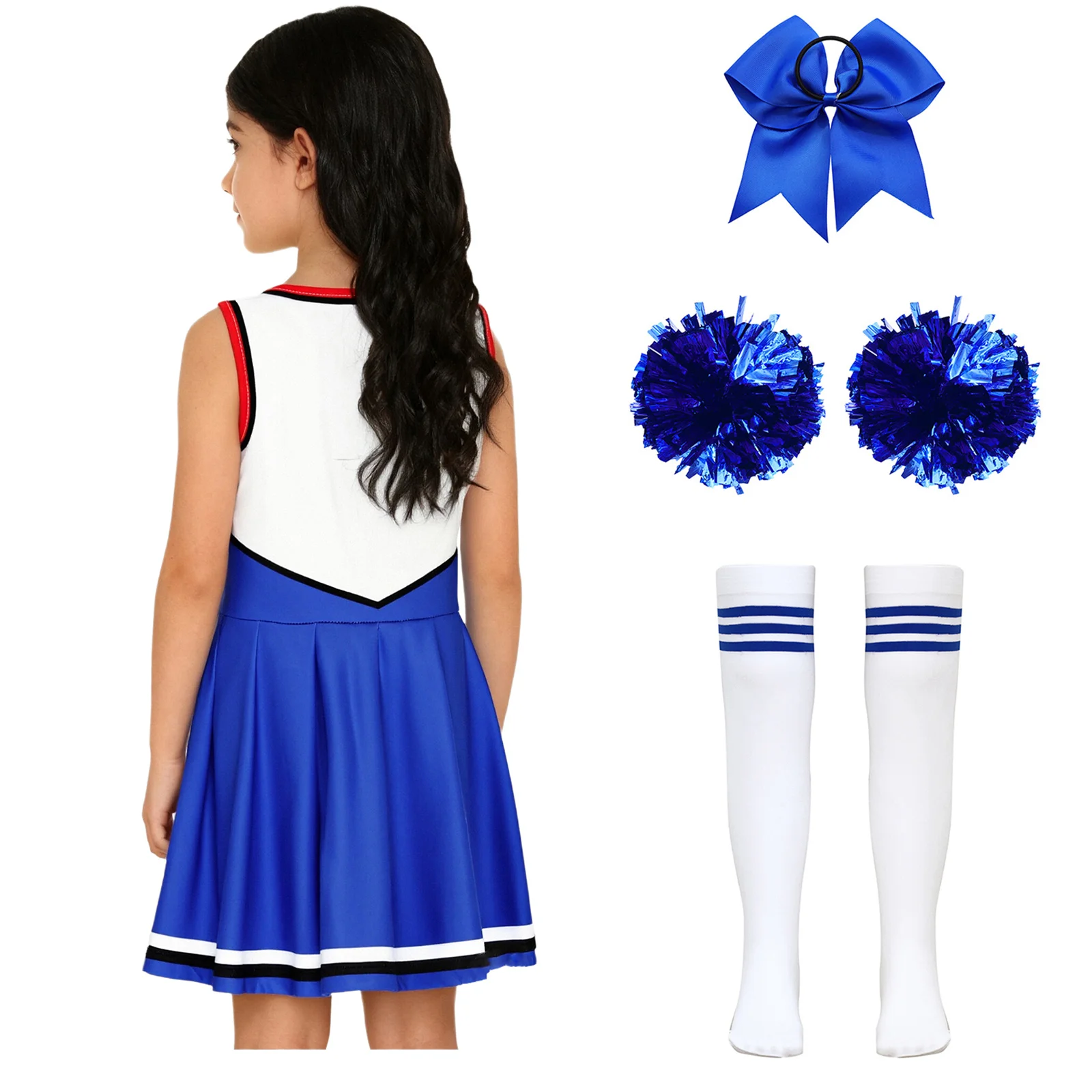 فستان أداء الرقص التشجيعي للفتيات الصغيرات مع كرات الزهور وربطة شعر لاجتماعات رياضية وحفلات كرنفال الهالوين