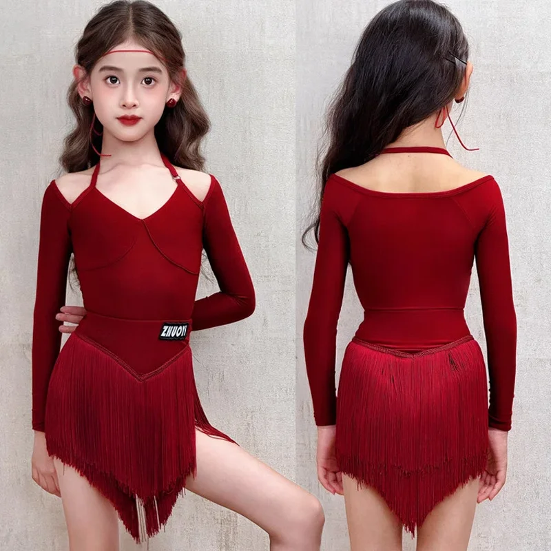 Autumn and Winter New High end Latin Dance Practice Clothing for Children, Female Children's Performance Tassel Skirt Set