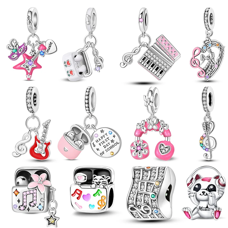 925 Sterling Silver Music Dangle Charms CZ Zircon  Accordion Guitar Charms Beads Women DIY Bracelet Concert Daily Jewelry Gift