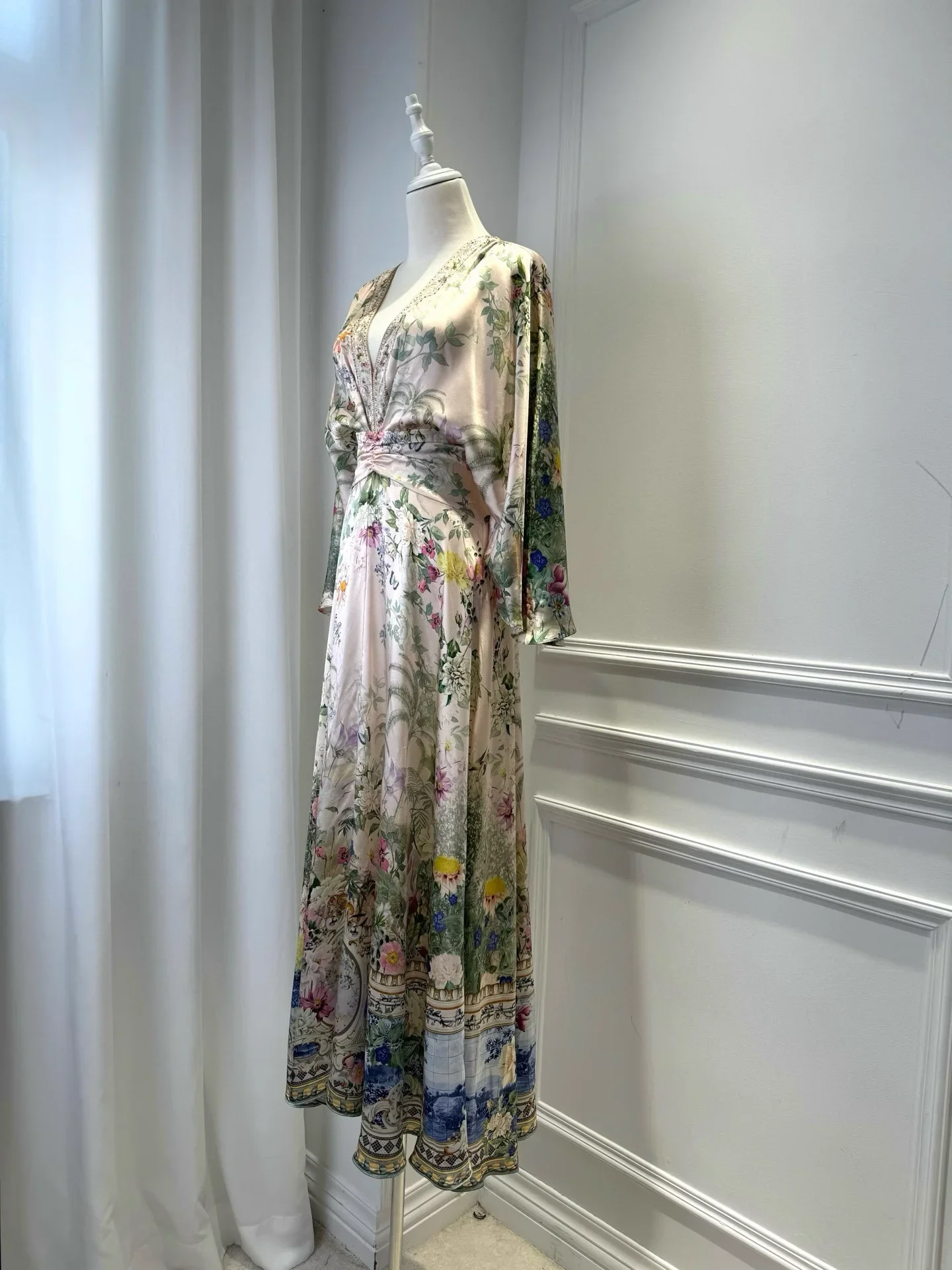 2025 New Women Pink Flower Print Maxi Dress High Waist Flare Sleeve V-Neck Holiday Ladies Silk Robe