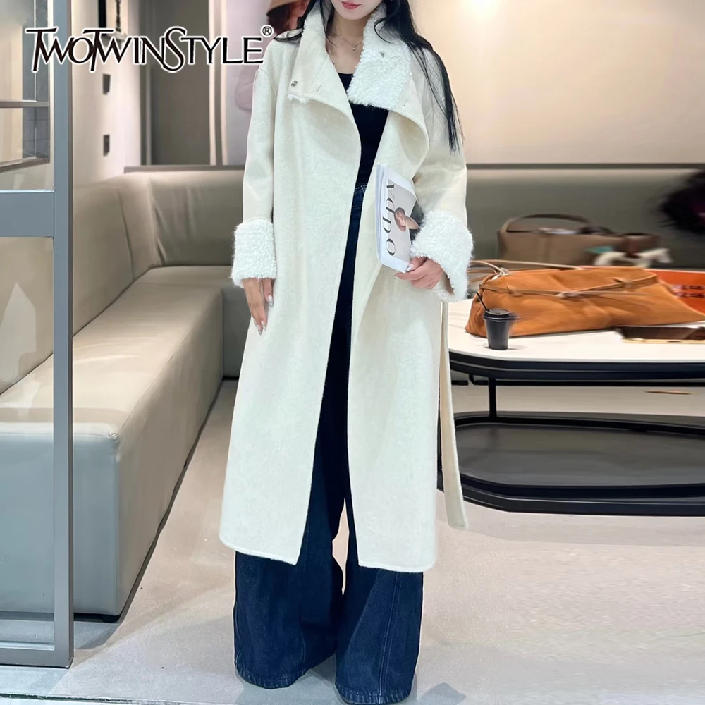 

TWOTWINSTYLE Бежевая минималистичная куртка на шнуровке, женские свободные элитные женские куртки с лацканами и длинными рукавами, осенняя мода, новинка