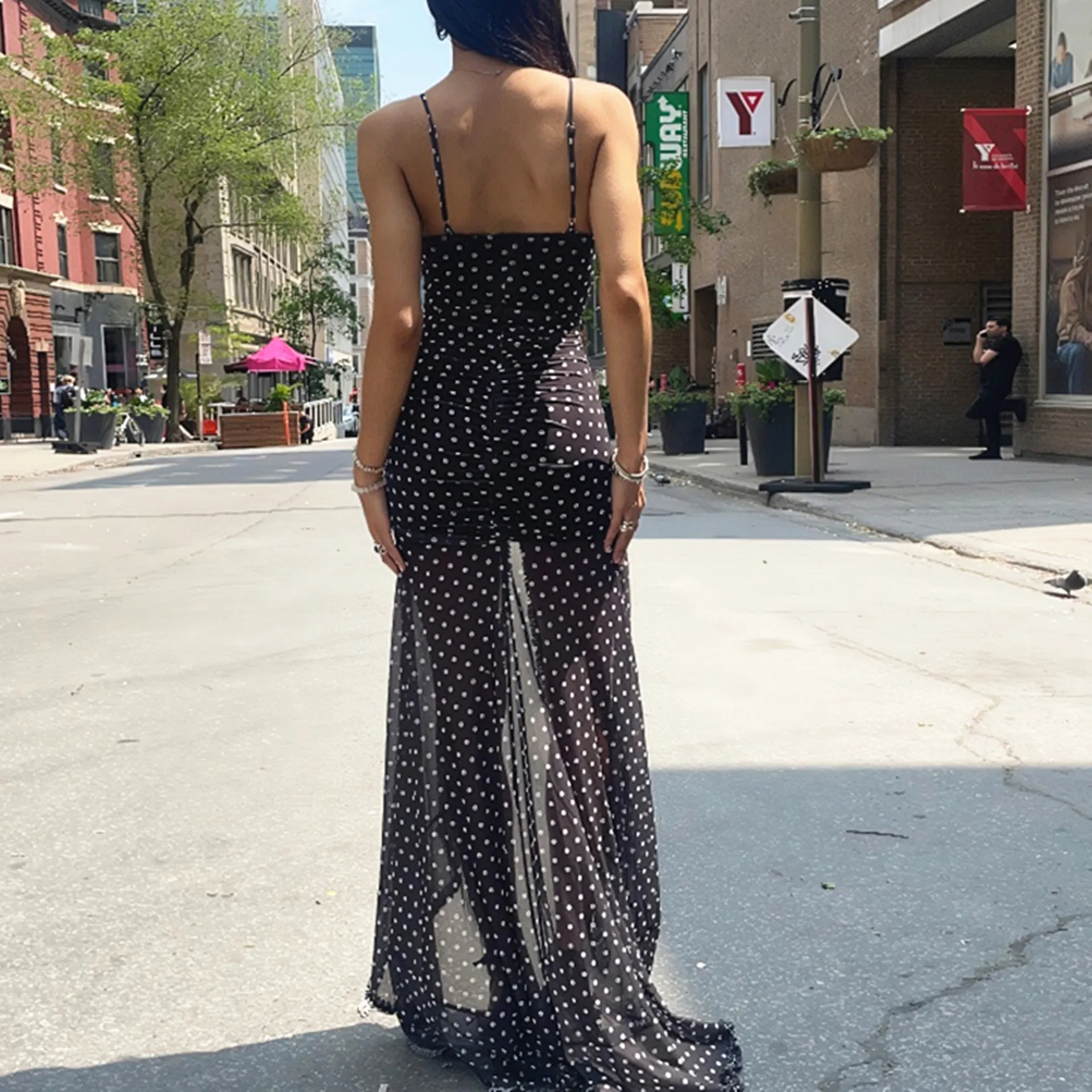 DSMTRC Summer Boho Holiday Vestidoes Polka Dot Print Split Ruched Dress for Women Sexy V Neck Backless Slip Mesh Dresses Clothes