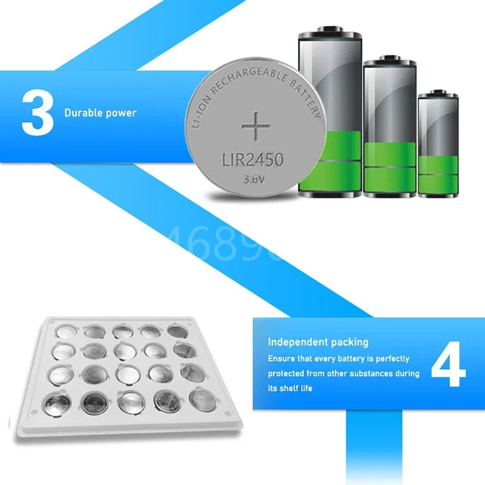 Button Cells Li-ion Rechargeable Battery LIR2450 3.6V Lithium Coin Cell Batteries LIR 2450 Replaces CR2450