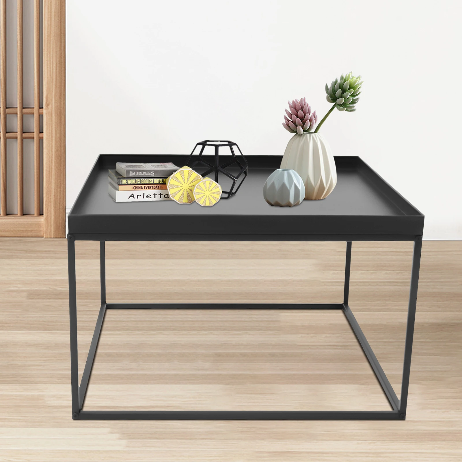 

24 inch Modern Tray Top End Table Matte Black Metal Square Side Table Nightstand for Living Room Bedroom