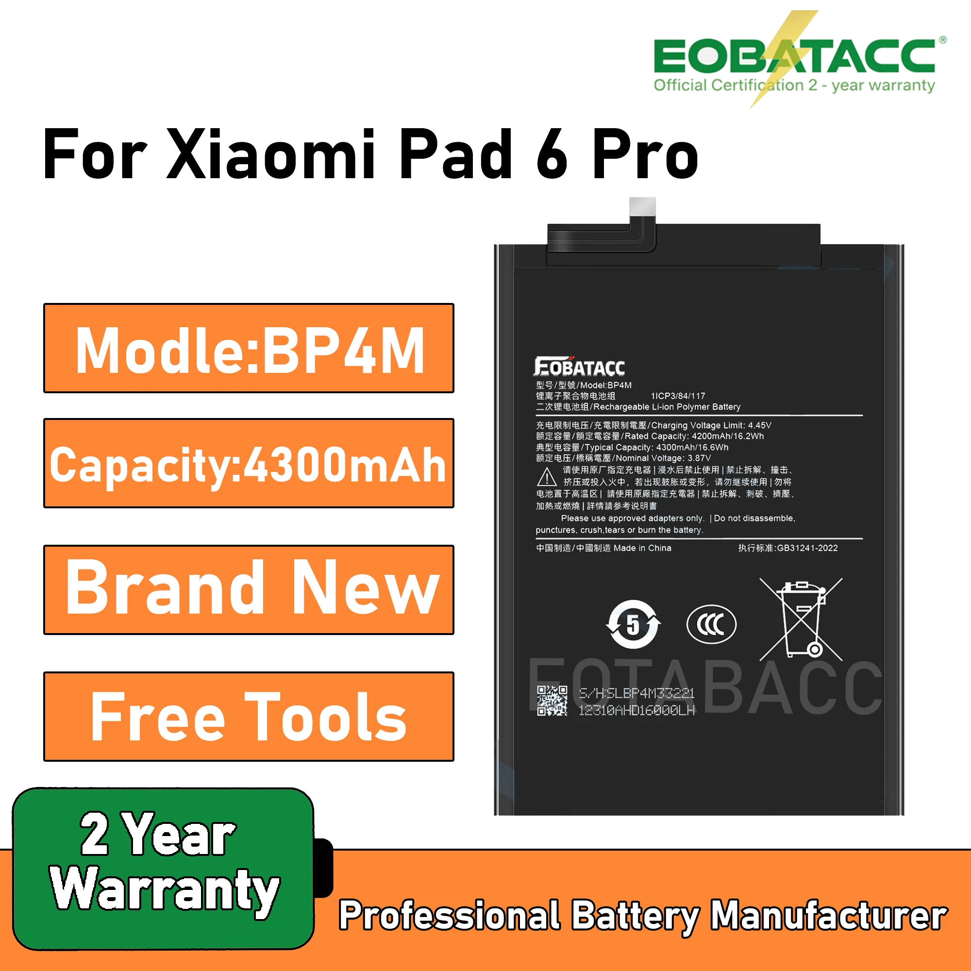

2025 Years EOBATACC 100% New For Xiaomi Mi Pad 6 Pro 23046RP50C BP4M 4300mah Mobile Phone Battery + Free Tools
