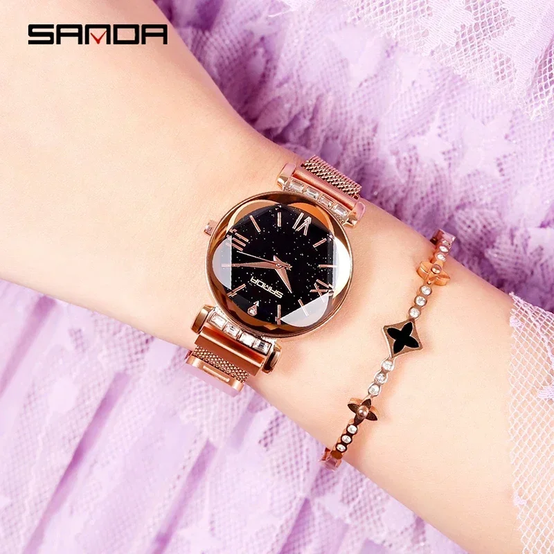 SANDA Luxury Roman Numerals Rose Gold Mesh Stainless Steel Magnetic Watch Age Girl Watch Leather Romantic Fashion Reloj Mujer