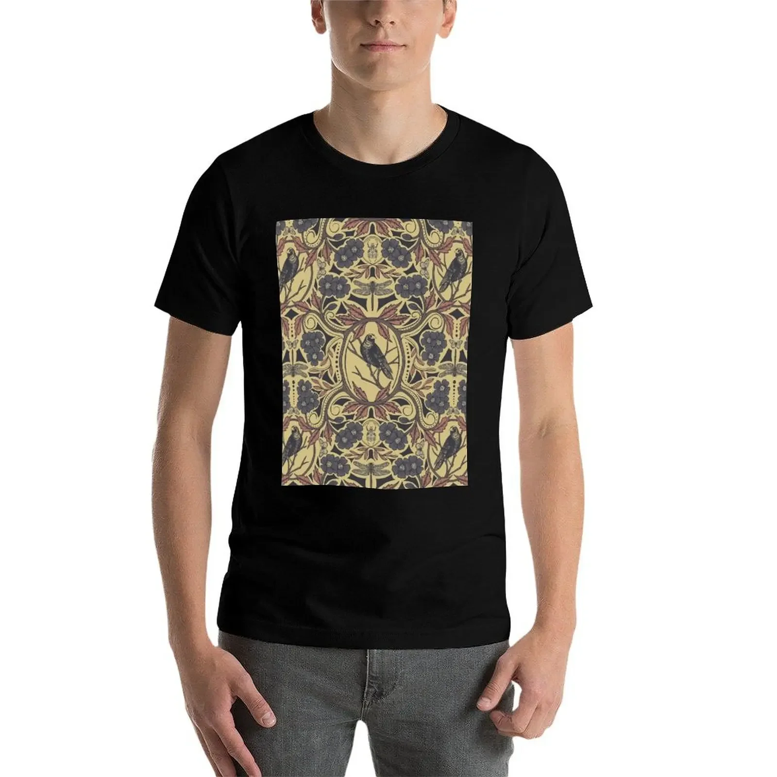 Mauve, Tan & Gray Crow & Dragonfly Floral T-Shirt Short sleeve tee custom shirt anime figures mens vintage t shirts