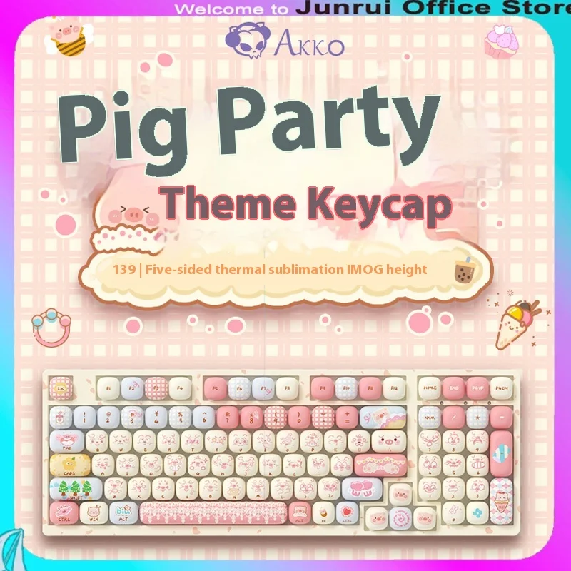 akko pig party keycap altamente sublimacao pbt pequenos paes e cogumelos keycaps teclado mecanico 139 pecas conjunto completo 01