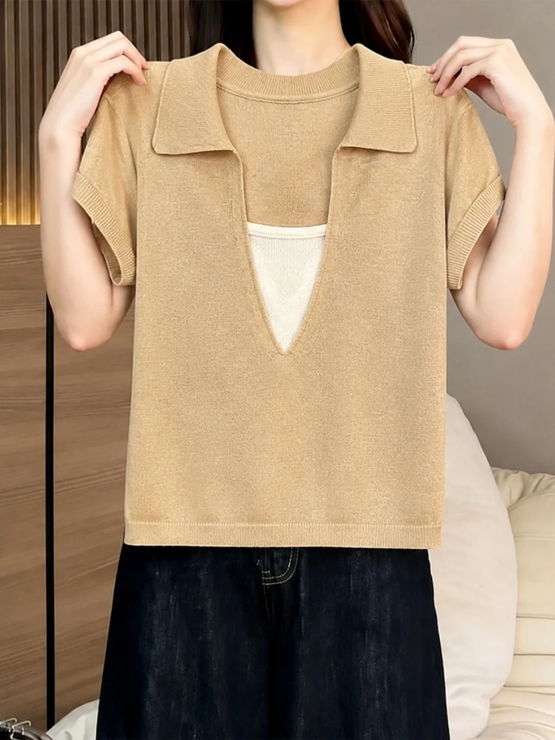 

Laid-back Style Loose Fit Sun Protection Knitted Top Color Block Design Korean Version Crew Neck Fashionable Commuting Wear