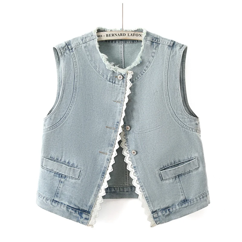 

Korean Fashion Lace Patchwork Light Blue Short Denim Vest Frayed Burrs Round Collar Single-Breasted Sleeveless Cowboy Waistcoat